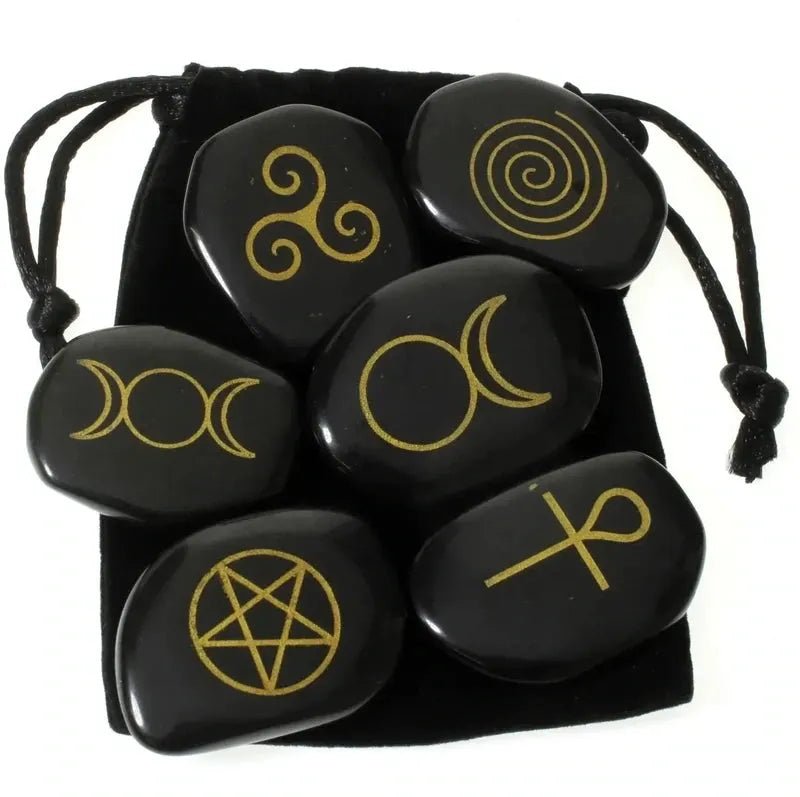 Black Obsidian Engraved Moon Pentagram Set - Mystical Healing and Truth-Seeking Stones - The Bookstore