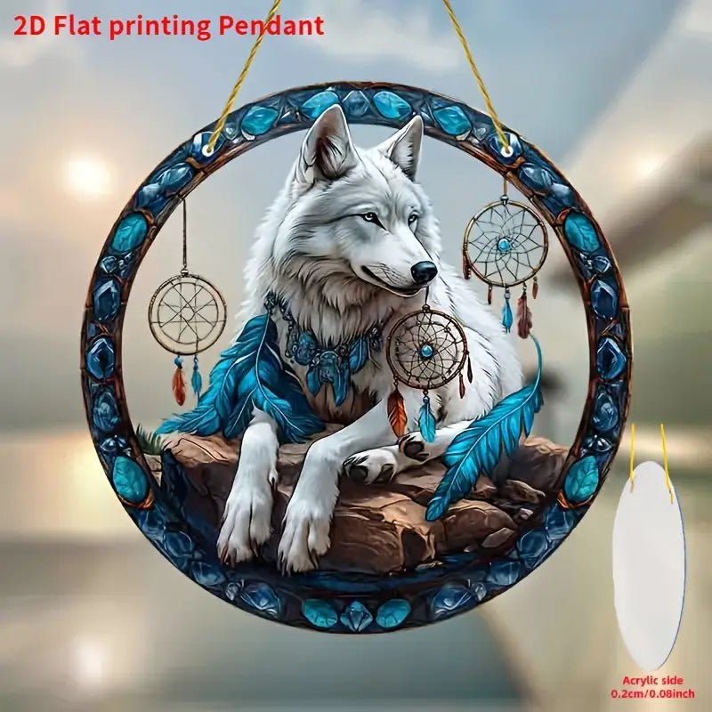 Blue Wolf and Dreamcatchers Suncatcher Modern Art Studio