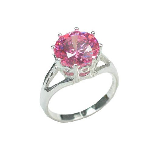 Bright Pink Ice CZ Solitaire Sterling Silver Ring - Size 9 Silver Insanity