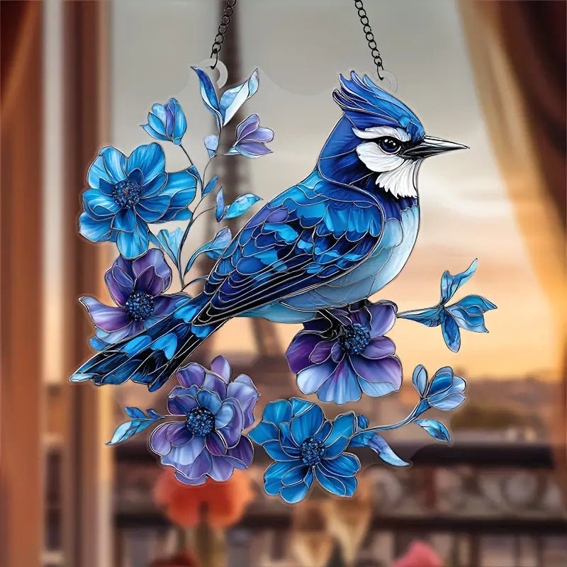 Charming Blue Jay and Floral Light Catcher – 8"x8" Acrylic Window Decor The Bookstore