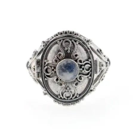 Silver Gothic Oval Poison Box Locket Ring - Genuine Gemstone My Store