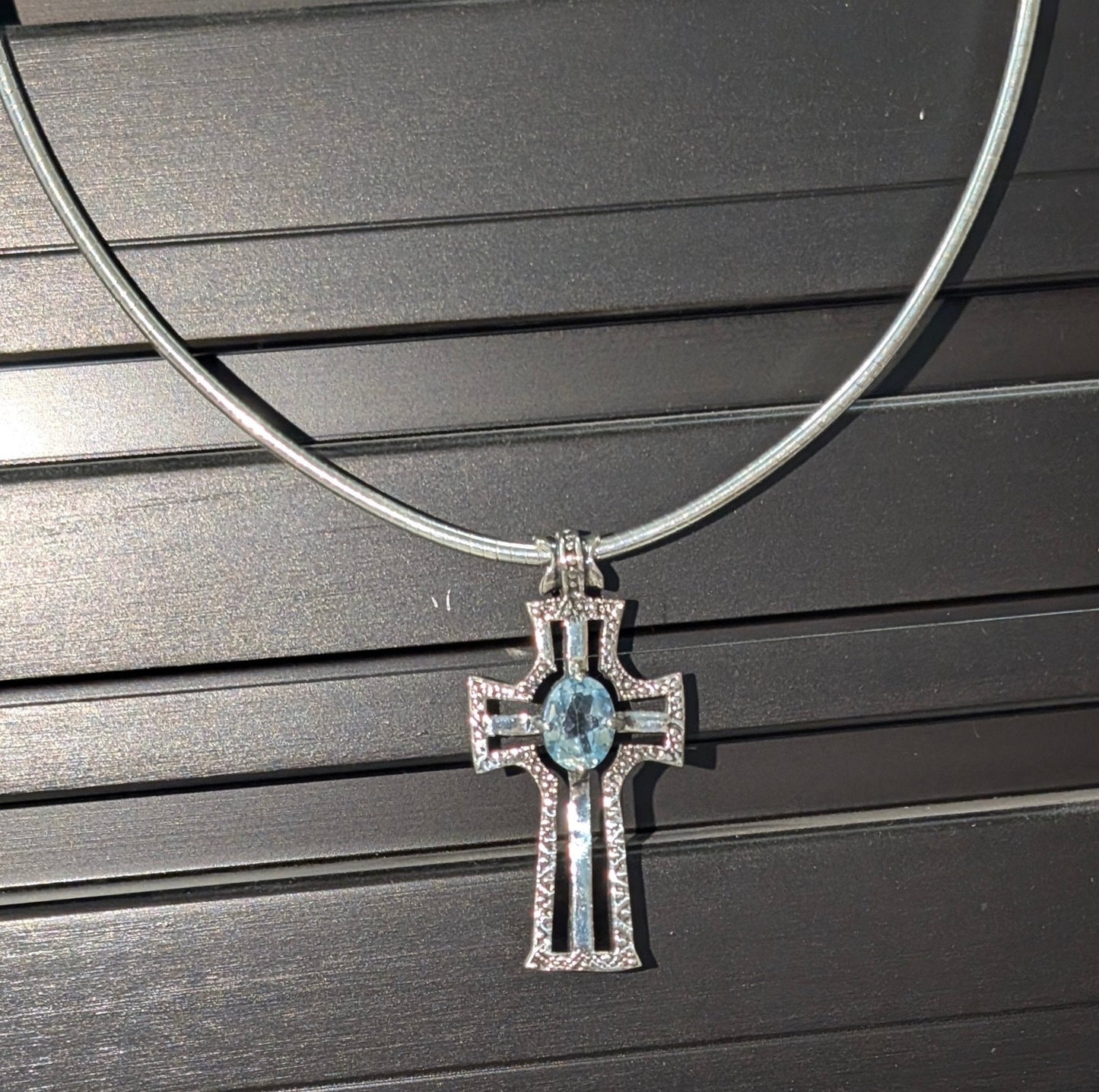 Sterling Silver Blue Topaz Cross Slide Necklace - 18" Omega Chain Silver Insanity
