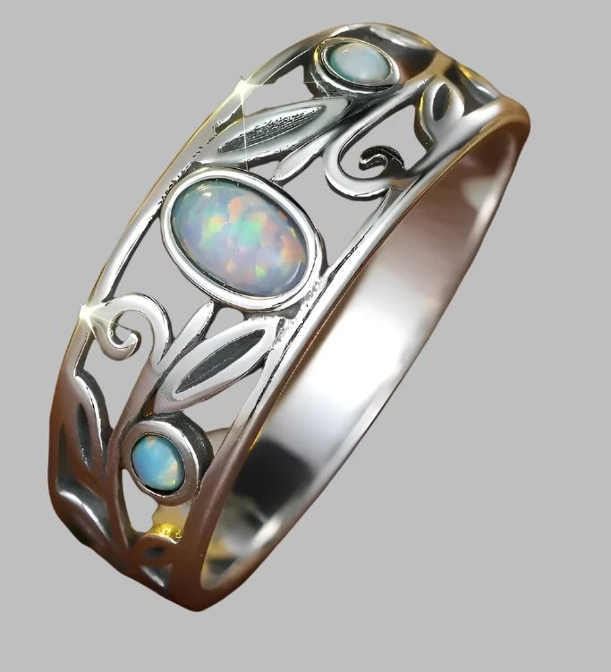 Sterling Silver Boho-Style Opal Ring - Size 10 LIUGUO Jewelry