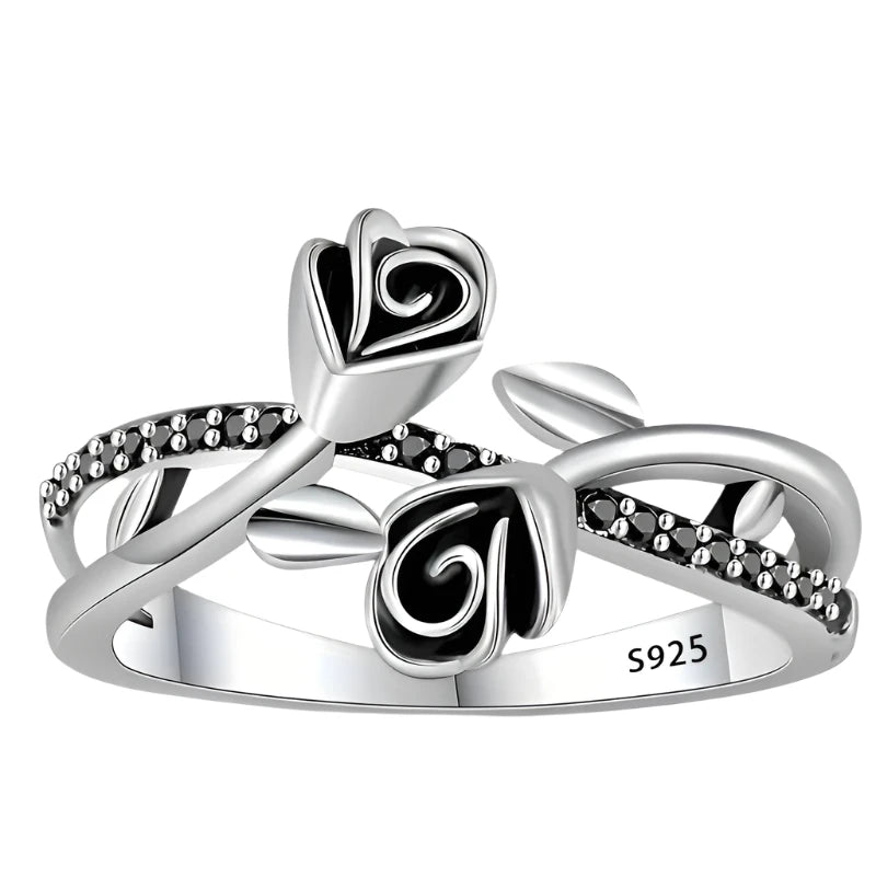 Sterling Silver Double Black Rose Ring - Size 8 Dinifan Jewelrys