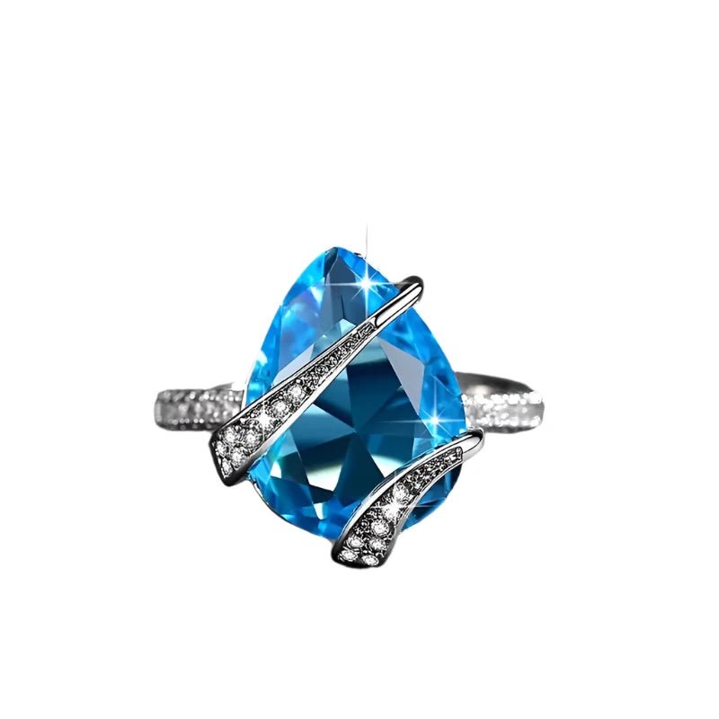 Sterling Silver Teardrop Ring – Blue Zirconia Sparkle - Adjustable - The Bookstore