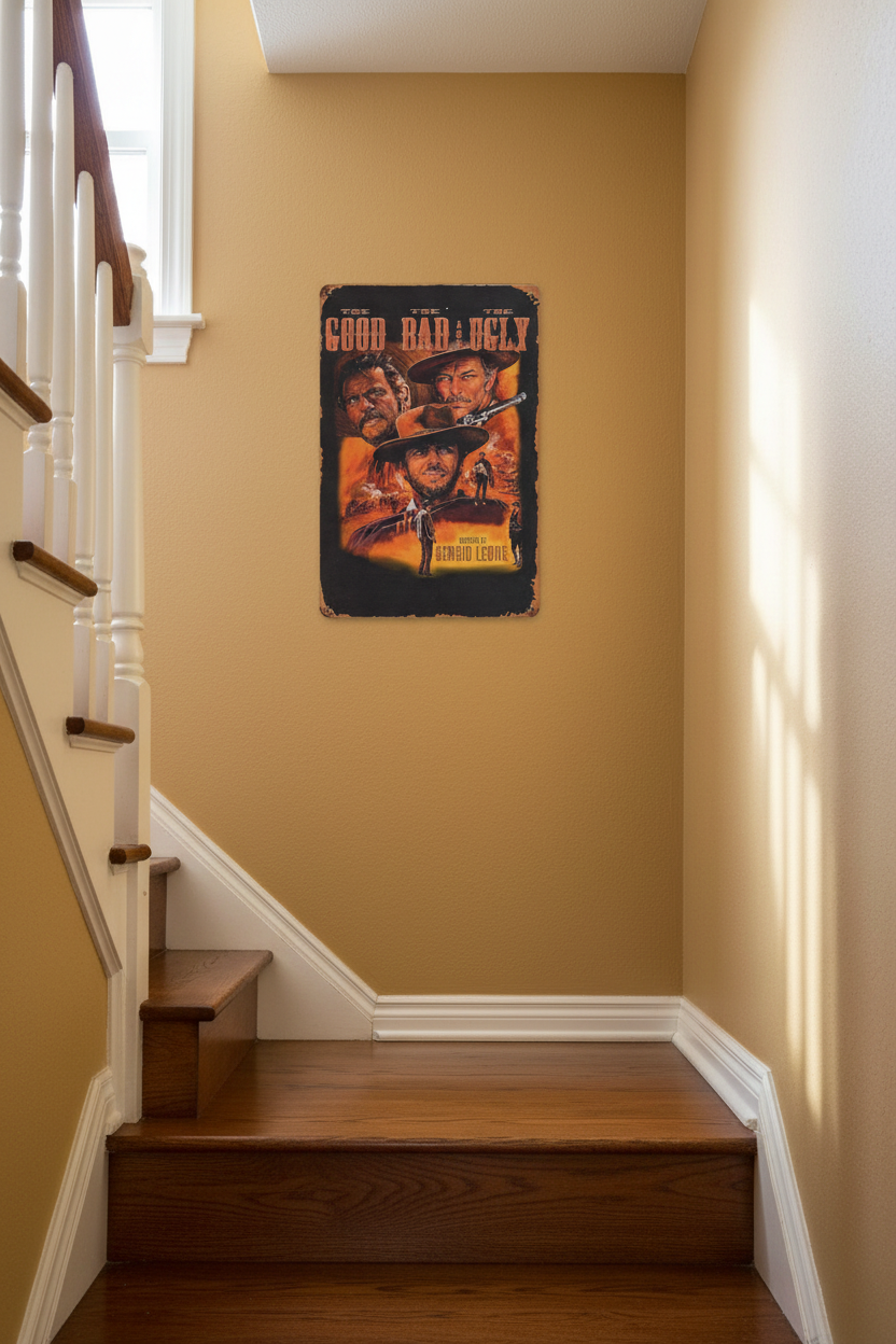 A rectangular vintage-style movie poster or print for 'The Good, Bad and Ugly' featuring illustrated portraits of three western characters, bold orange title text, and the credit 'Directed by Sergio Leone' on a dark background.
