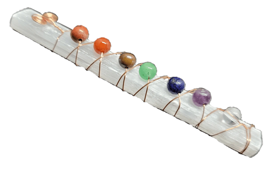 chakra beads on selenite with copper wire