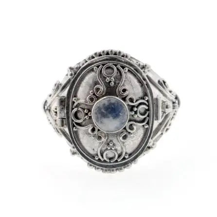 Silver Gothic Oval Poison Box Locket Ring - Genuine Gemstone