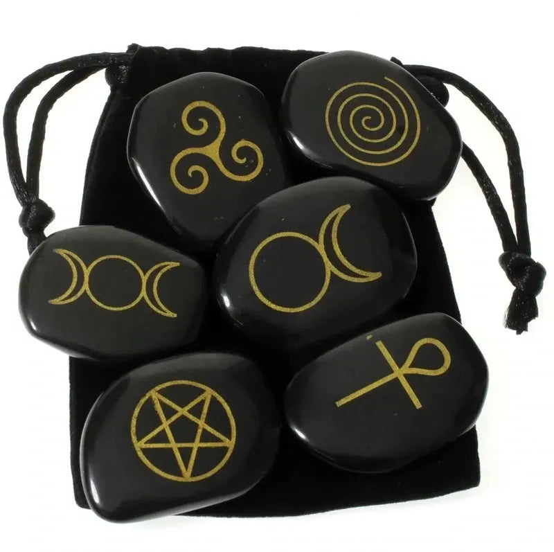 Black Obsidian Engraved Moon Pentagram Set - Mystical Healing and Truth-Seeking Stones
