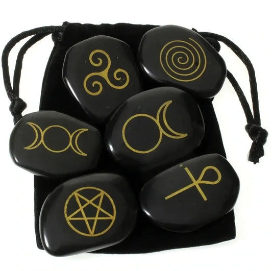 Black Obsidian Engraved Moon Pentagram Set - Mystical Healing and Truth-Seeking Stones