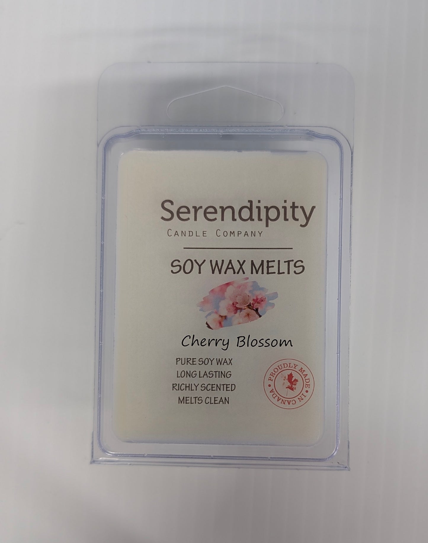 Serendipity Soy Wax Melts packaging with cherry blossom design on a white background