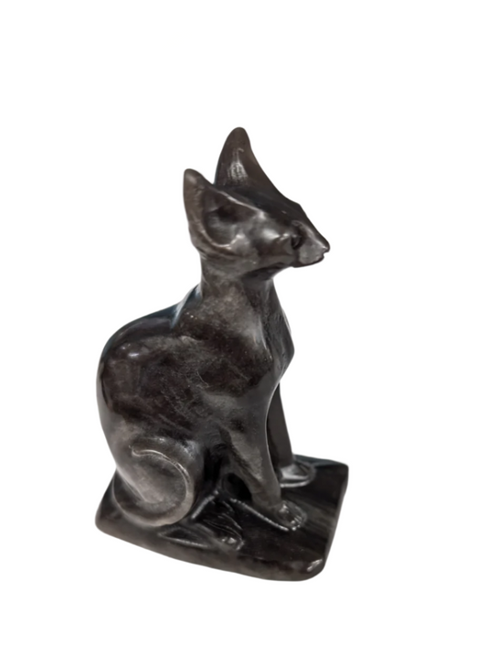 Silver Obsidian Egyptian Cat Figurine