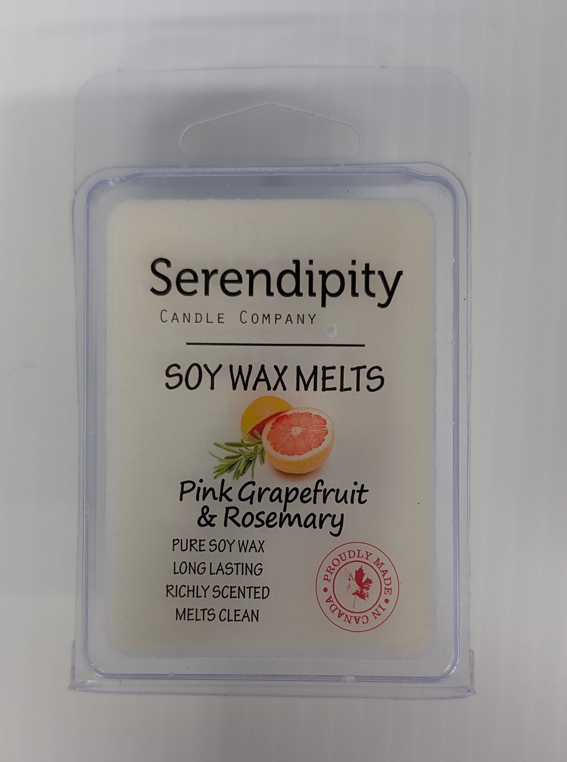 Serendipity Candle Company soy wax melts packaging with pink grapefruit and rosemary flavor on a white background.