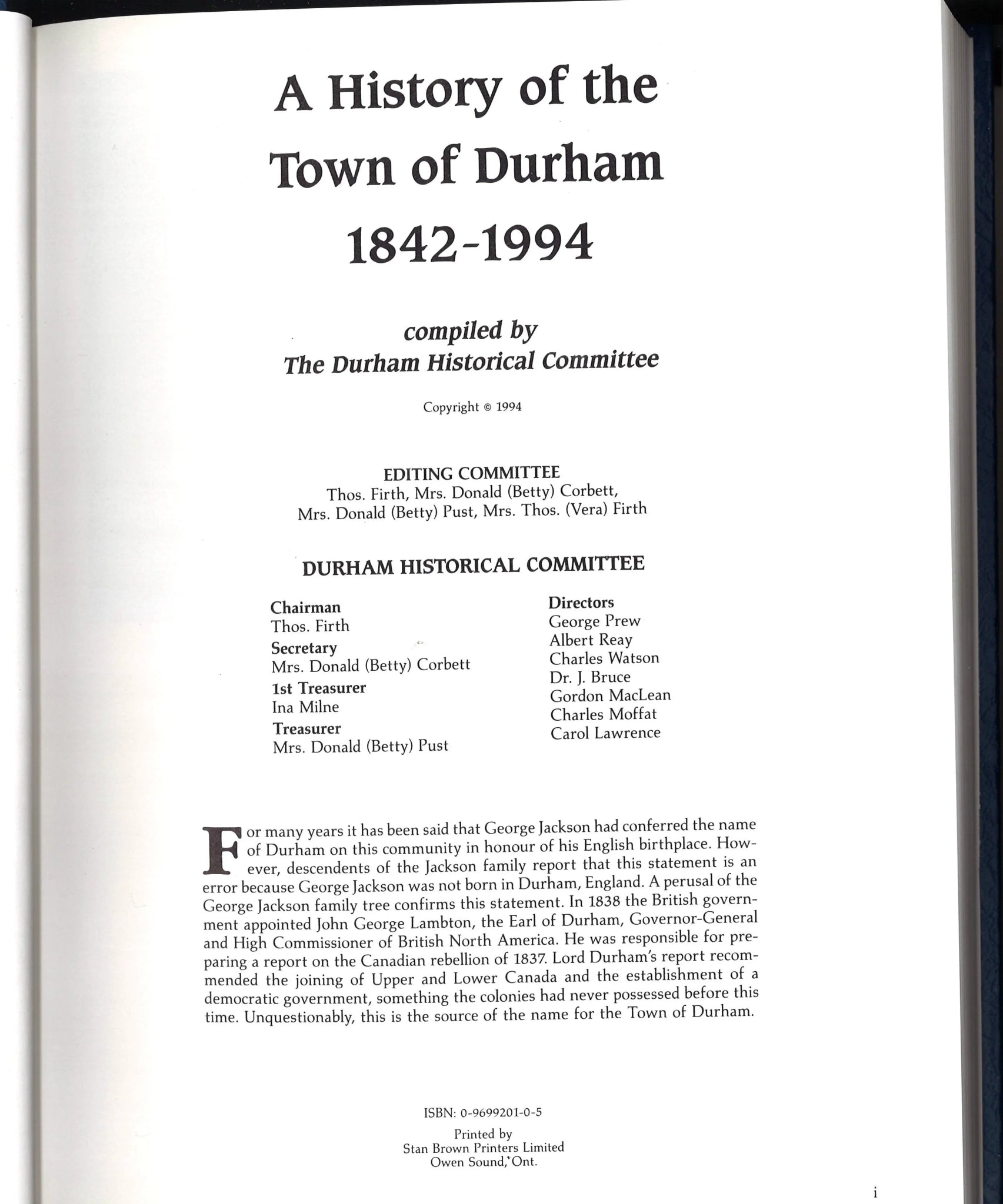 A History of The Town of Durham 1842 - 1994 - The Bookstore