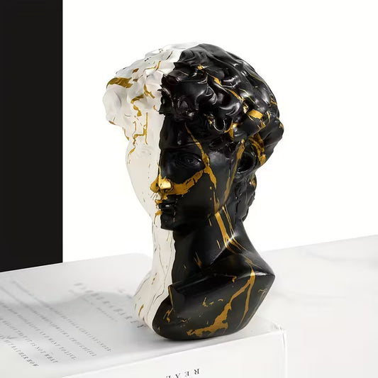 Abstract David Bust — Split Design Resin Sculpture with Gold & Black Marbling