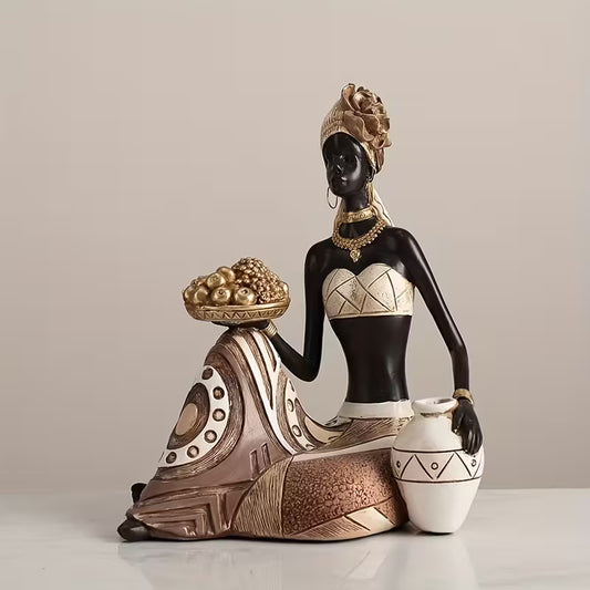 African Woman With Golden Fruit Figurine