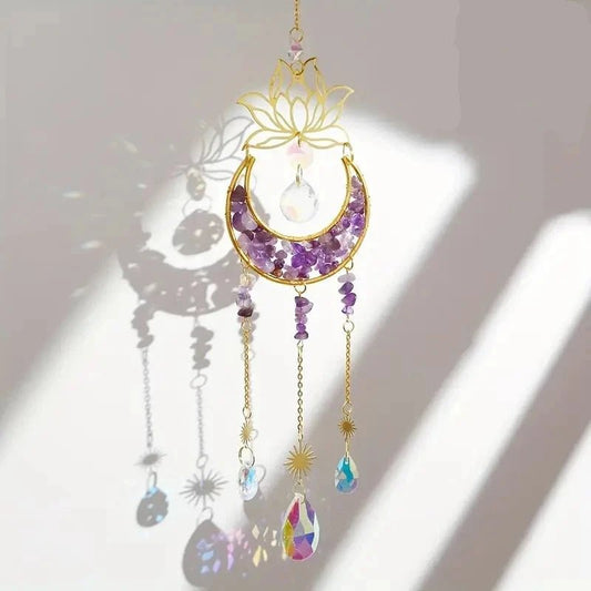 Amethyst Crystal Moon and Lotus Flower - Suncatcher - The Bookstore