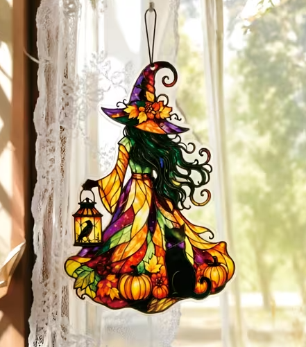 Black Cat & Witch Halloween Suncatcher - The Bookstore