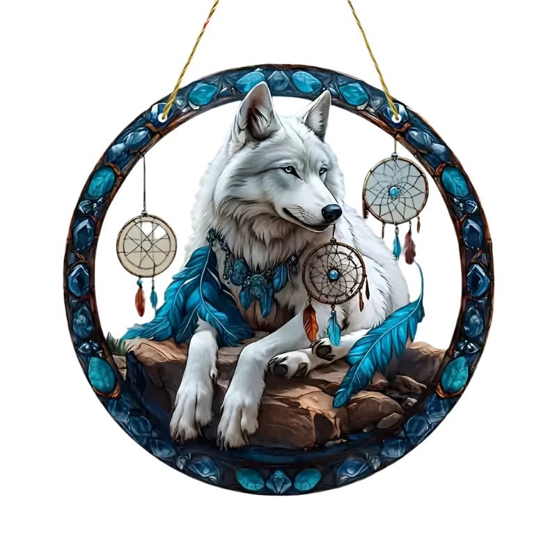 Blue Wolf and Dreamcatchers Suncatcher Modern Art Studio
