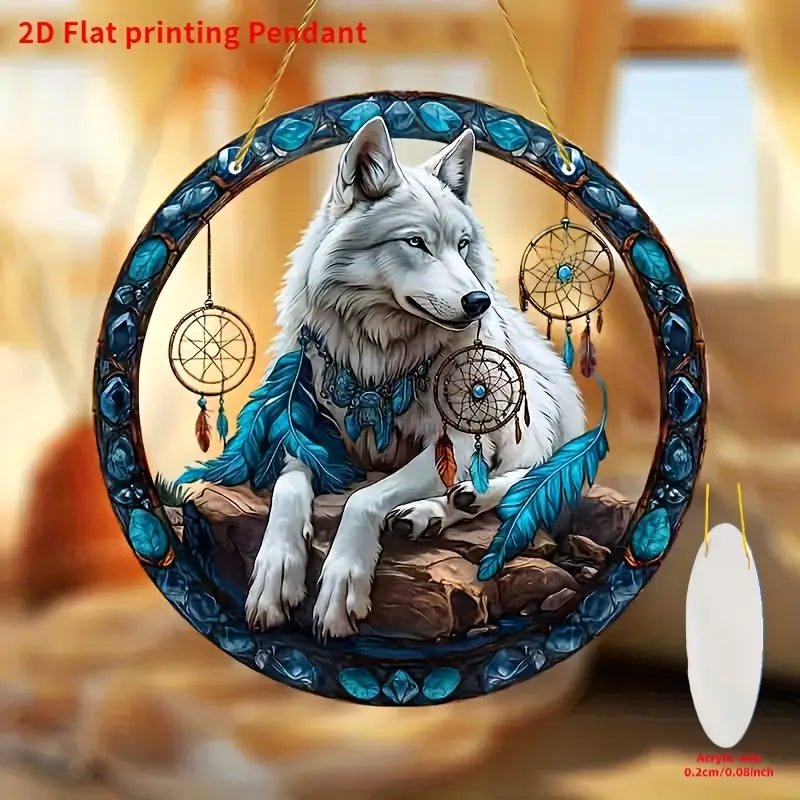 Blue Wolf and Dreamcatchers Suncatcher Modern Art Studio
