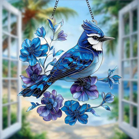 Charming Blue Jay and Floral Light Catcher – 8"x8" Acrylic Window Decor The Bookstore
