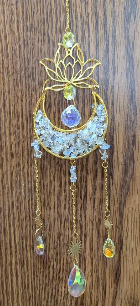 Clear Crystal Moon & Lotus Flower Suncatcher – Rainbow Window & Garden Hanging Decor - The Bookstore