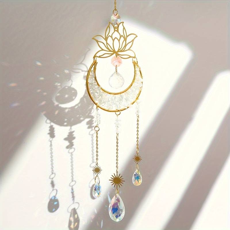 Clear Crystal Moon & Lotus Flower Suncatcher – Rainbow Window & Garden Hanging Decor - The Bookstore