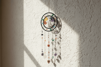 Double Hoop Tree of Life Suncatcher – Chakra Natural Stone Wind Chime Ornament - The Bookstore