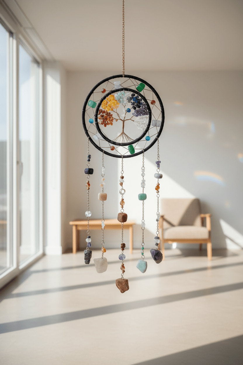 Double Hoop Tree of Life Suncatcher – Chakra Natural Stone Wind Chime Ornament - The Bookstore