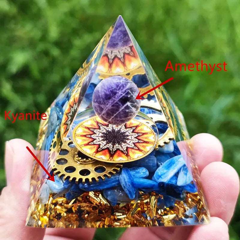 Energy Orgonite Pyramid with Kyanite and Amethyst: A Healing Reiki and Meditation Tool - The Bookstore