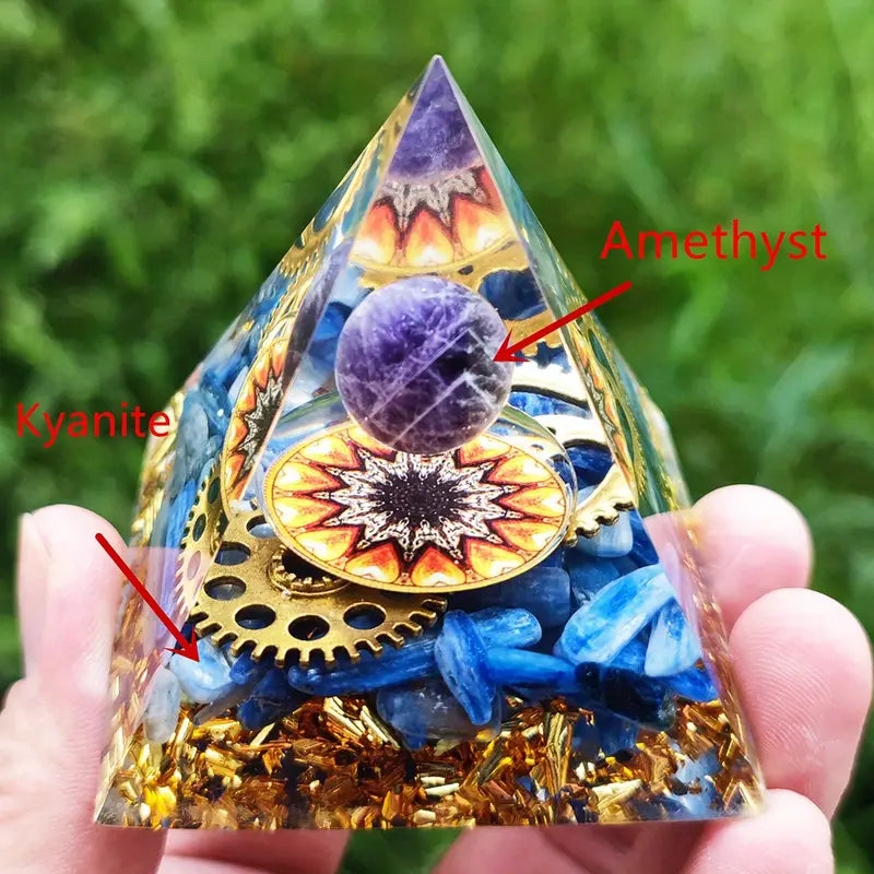 Energy Orgonite Pyramid with Kyanite and Amethyst: A Healing Reiki and Meditation Tool