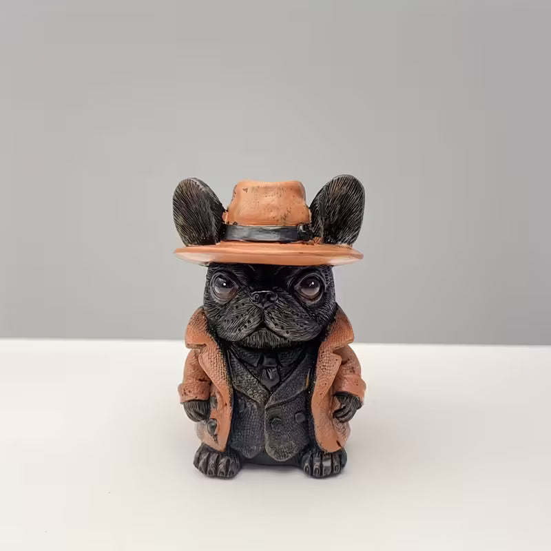Whimsical French Bulldog in a Brown Hat Figurine