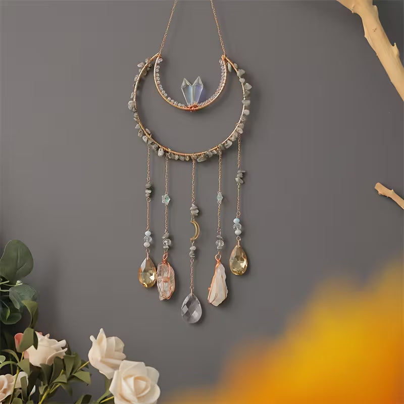 Crescent Moon Crystal Sun Catcher with Hanging Crystals