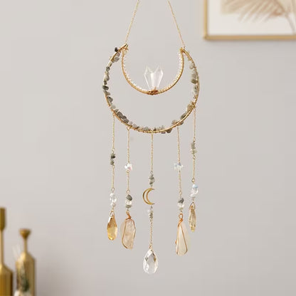 Crescent Moon Crystal Sun Catcher with Hanging Crystals