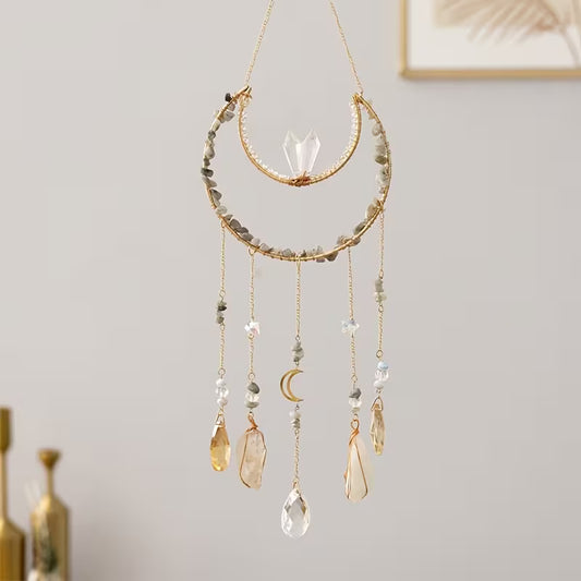 Crescent Moon Crystal Sun Catcher with Hanging Crystals