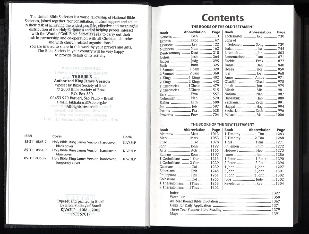 Holy Bible King James Version  – Bible Society of Brazil – 2005 Black Hardcover