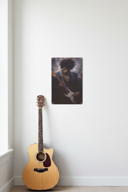 A rectangular wall art print or canvas featuring a painterly portrait of a man playing an electric guitar, with visible mounting holes in the corners, shown against a plain light background.