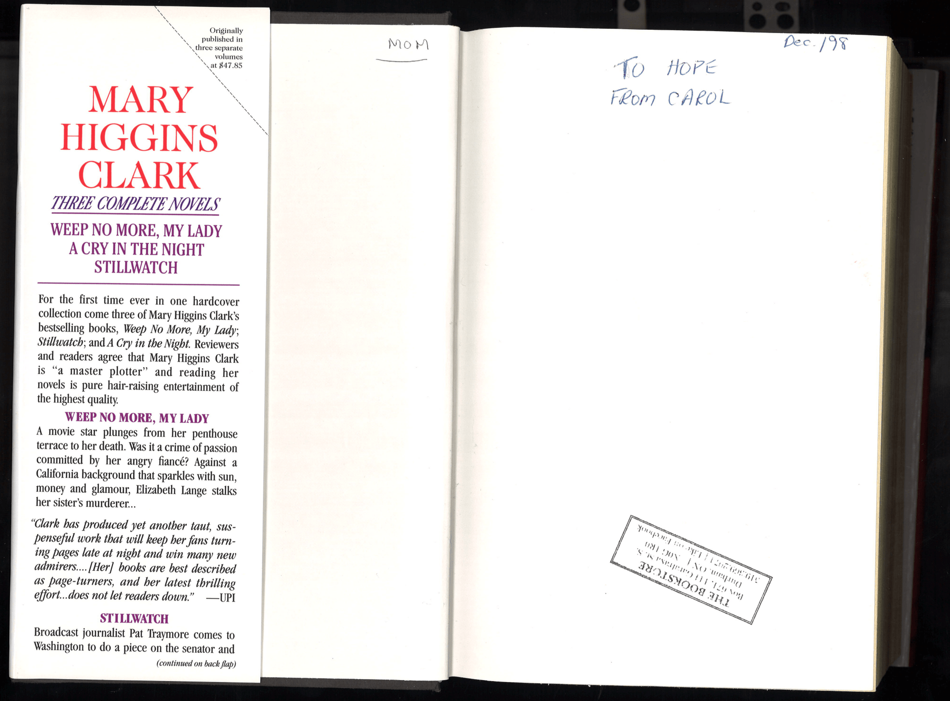 Mary Higgins Clark: Three Complete Novels: Weep No More, My Lady; Stillwatch; A Cry in the Night - The Bookstore