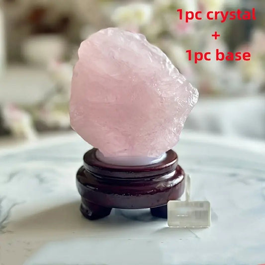 Natural Rose Quartz on Wooden Stand - The Bookstore