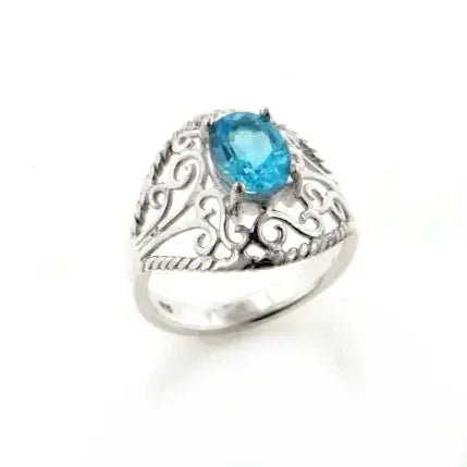 Open Lace Filigree Dome and Blue Topaz Silver Ring - Size 8 - The Bookstore