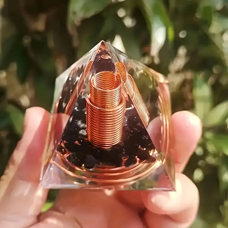 Orgonite Pyramid with Copper Coils and Obsidian Crystals