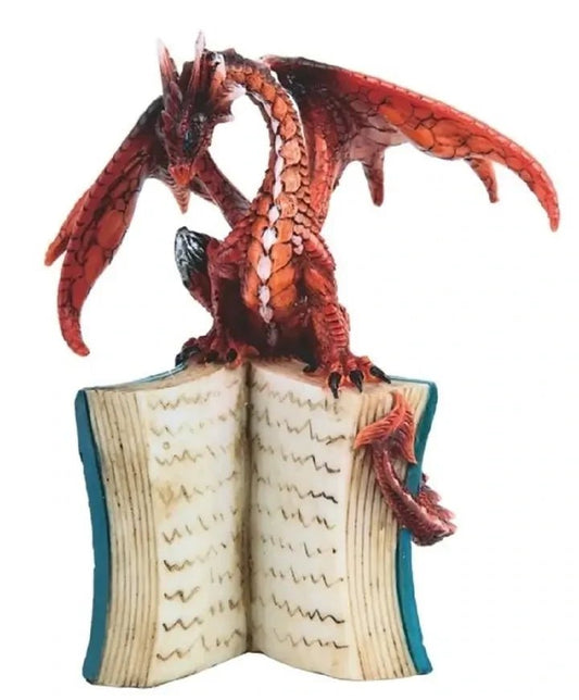 Red Volcano Dragon on Open Book Figurine - The Bookstore