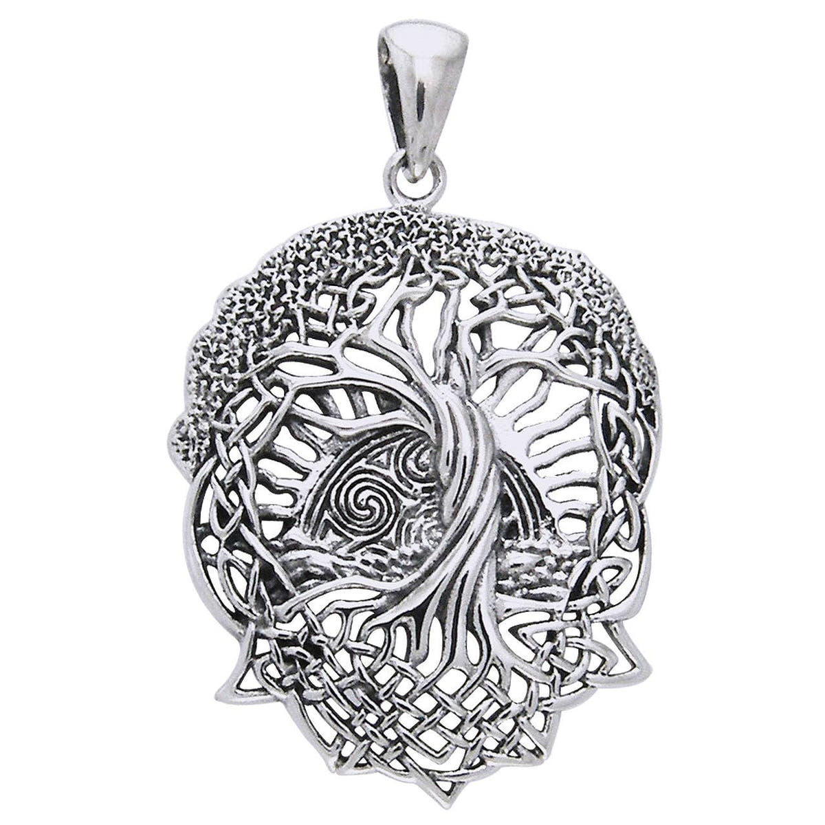 Rising Sun Celtic Knot Tree of Life Sterling Silver Necklace - 18" Omega Chain Silver Insanity