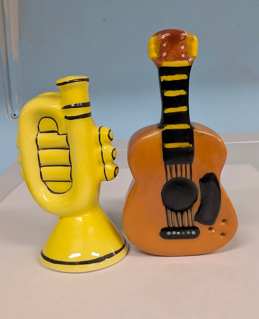Vintage Ceramic Guitar & Trumpet Salt and Pepper Shakers