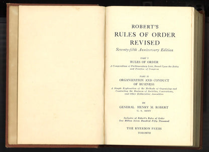 Robert’s Rules of Order Revised by Henry M. Robert – 1951 Seventy-fifth Anniversary Edition