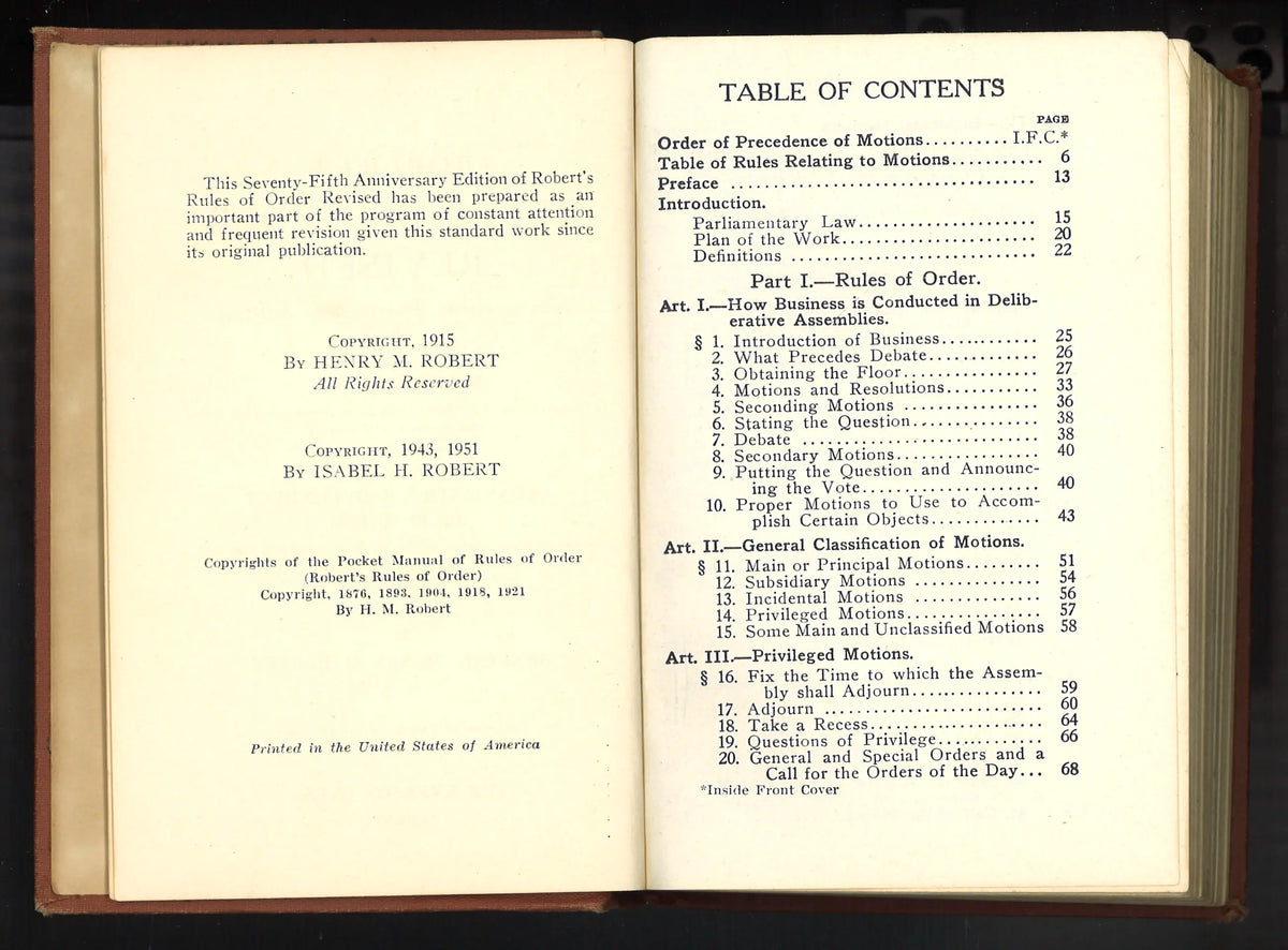 Robert’s Rules of Order Revised by Henry M. Robert – 1951 Seventy-fifth Anniversary Edition