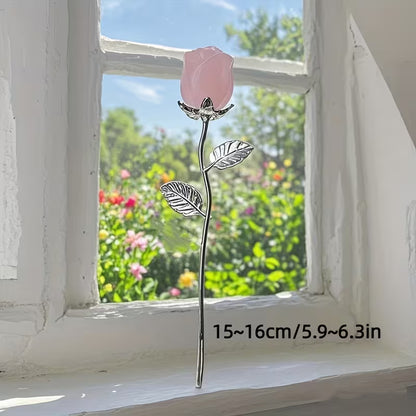Single Rose - Rose Quartz Natural Stone Flower with Silvery Leaves