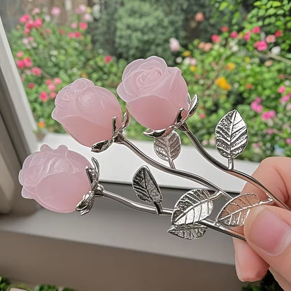 Single Rose - Rose Quartz Natural Stone Flower with Silvery Leaves
