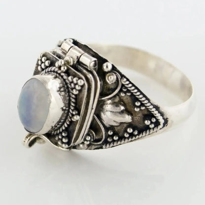 Silver Medieval Poison Ring with Rainbow Moonstone - Size 10 - The Bookstore