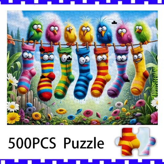 Puzzle: Cartoon Socks & Birds on A Clothesline - 500 pcs